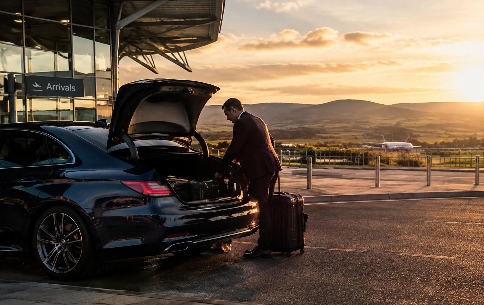 Chauffeur loading luggage into a private transfer car outside Cork Airport arrivals